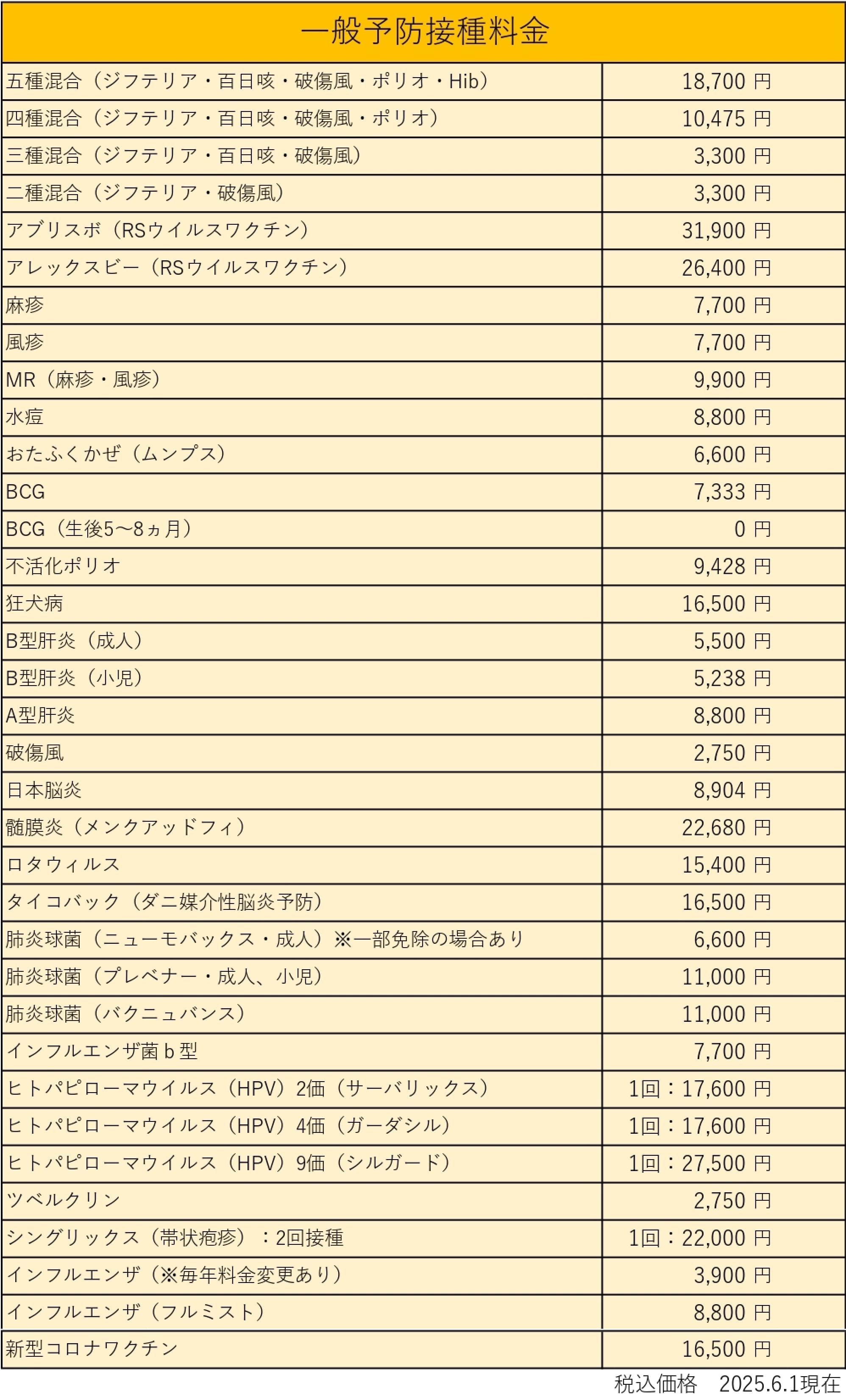 一般予防接種料金表